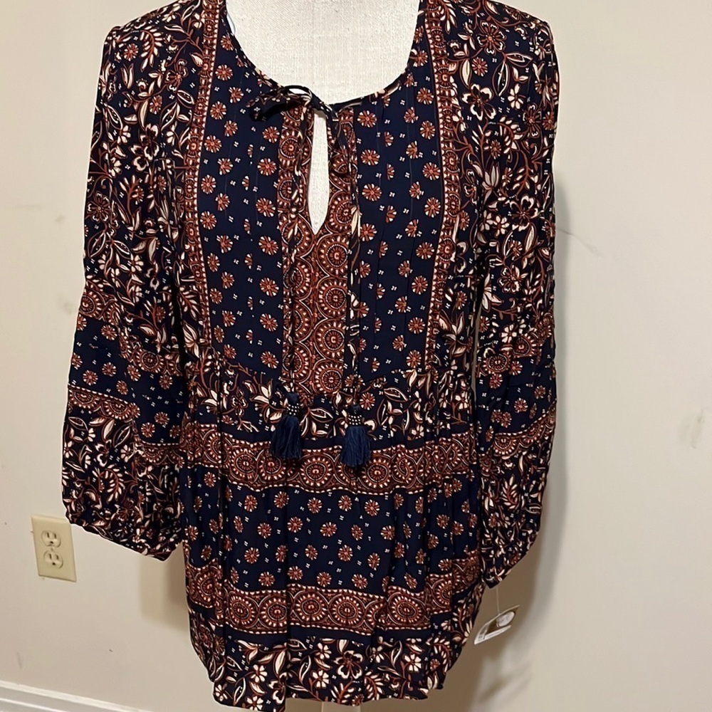 Daniel Rainn blouse, navy with orange florals, size medium